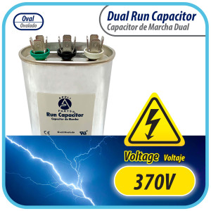 Appli Parts Dual Run Capacitor for ac 20+5 Mfd uF (microfarads) 370VAC CBB65 Oval Universal fit for hvac and other applications  2-3/4 in Wide 1-3/4 in Depth 4-1/4 in Height CON-20/5-370