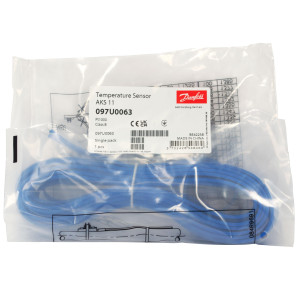 Danfoss 097U0063 Temperature Sensor AKS 11, PT1000, -40 to 212 F, Class B Blue, 8.5 m, IP 67 Danfoss 097U0063 Temperature Sensor AKS 11, PT1000, -40 to 212 F, Class B Blue, 8.5 m, IP 67