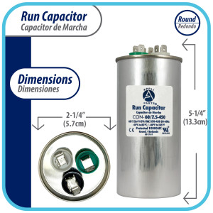 Appli Parts Condensador Capacitor de Marcha 60+7.5 Mfd uF (microfaradios) 370VAC o 450VAC CBB65 Universal Aire acondicionado y aplicaciones Redondo UL E476928 13.3cm Alto 5.7cm Ancho CON-60/7.5-450