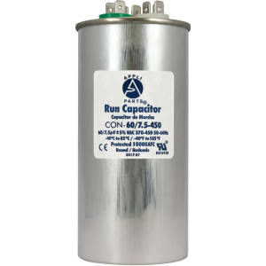 Appli Parts Condensador Capacitor de Marcha 60+7.5 Mfd uF (microfaradios) 370VAC o 450VAC CBB65 Universal Aire acondicionado y aplicaciones Redondo UL E476928 13.3cm Alto 5.7cm Ancho CON-60/7.5-450