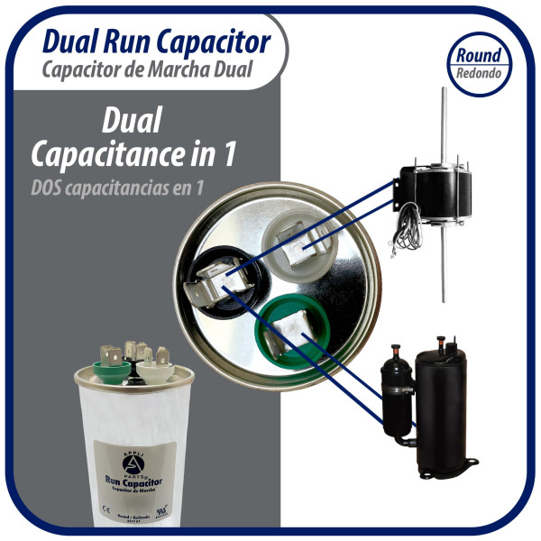 thumbnail image 2 of 50/5 UF MFD 370 Volt Dual Run Round Capacitor – Replacement For GE Genteq 27L1051, 97F9970 2 of 13