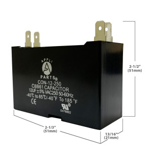 Appli Parts Condensador Capacitor de ventilador 12 mfd (microfaradios) uf 250VAC con conectores compatible con cualquier marca de igual capacitancia 5.8cm Ancho 2.2cm Profundidad 4.3cm Alto CAP-12-250 Appli Parts Condensador Capacitor de ventilador 12 mfd (microfaradios) uf 250VAC con conectores compatible con cualquier marca de igual capacitancia 5.8cm Ancho 2.2cm Profundidad 4.3cm Alto CAP-12-250