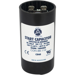 Appli Parts motor start capacitor 80-106 Mfd (microfarads) uF 110-125 VAC universal fit for electric motor applications 1-7/16 in Diameter 2-3/4 in Height CON-88-110
 Appli Parts motor start capacitor 80-106 Mfd (microfarads) uF 110-125 VAC universal fit for electric motor applications 1-7/16 in Diameter 2-3/4 in Height CON-88-110