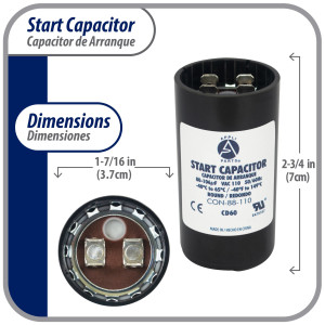 Appli Parts motor start capacitor 80-106 Mfd (microfarads) uF 110-125 VAC universal fit for electric motor applications 1-7/16 in Diameter 2-3/4 in Height CON-88-110
 Appli Parts motor start capacitor 80-106 Mfd (microfarads) uF 110-125 VAC universal fit for electric motor applications 1-7/16 in Diameter 2-3/4 in Height CON-88-110