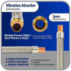 Appli Parts APVE-12 1/2 in Vibration Absorber Eliminator Sweat Connections 9 in Long 500 psi Max working and 3,265 psi Burst pressure Appli Parts APVE-12 1/2 in Vibration Absorber Eliminator Sweat Connections 9 in Long 500 psi Max working and 3,265 psi Burst pressure