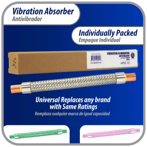Appli Parts APVE-12 1/2 in Vibration Absorber Eliminator Sweat Connections 9 in Long 500 psi Max working and 3,265 psi Burst pressure Appli Parts APVE-12 1/2 in Vibration Absorber Eliminator Sweat Connections 9 in Long 500 psi Max working and 3,265 psi Burst pressure