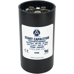Appli Parts motor start capacitor 340-408 Mfd (microfarads) uF 250 VAC universal fit for electric motor applications 1-3/4 in Diameter 4-3/8 in Height CON-340-250
 Appli Parts motor start capacitor 340-408 Mfd (microfarads) uF 250 VAC universal fit for electric motor applications 1-3/4 in Diameter 4-3/8 in Height CON-340-250