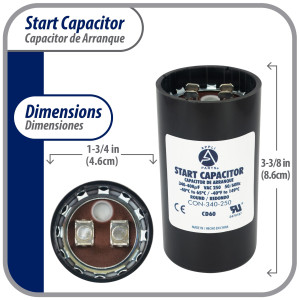 Appli Parts motor start capacitor 340-408 Mfd (microfarads) uF 250 VAC universal fit for electric motor applications 1-3/4 in Diameter 4-3/8 in Height CON-340-250
 Appli Parts motor start capacitor 340-408 Mfd (microfarads) uF 250 VAC universal fit for electric motor applications 1-3/4 in Diameter 4-3/8 in Height CON-340-250