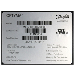 Danfoss MCGB0033R60000B 1/3HP+, R134a Condensing Unit for Refrigeration, Copper Coil Aluminum Fins MBP 115/1/60 (V/Ph/Hz) 1 Fan,Fractional Compressor NF11FX, 114N0004 Danfoss MCGB0033R60000B 1/3HP+, R134a Condensing Unit for Refrigeration, Copper Coil Aluminum Fins MBP 115/1/60 (V/Ph/Hz) 1 Fan,Fractional Compressor NF11FX, 114N0004