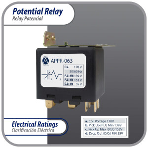 Appli Parts APPR-063 Relay Potencial 063, Voltaje de Bobina 170 V, Recogida Minima 139 V, Recogida Maxima 153 V, Caida Maxima 55 V, 50/60Hz Remplazo universal para unidades de refrigeracion y aire acondicionado Appli Parts APPR-063 Relay Potencial 063, Voltaje de Bobina 170 V, Recogida Minima 139 V, Recogida Maxima 153 V, Caida Maxima 55 V, 50/60Hz Remplazo universal para unidades de refrigeracion y aire acondicionado
