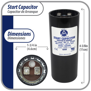 Appli Parts motor start capacitor 1000-1200 Mfd (microfarads) uF 110-125 VAC universal fit for electric motor applications 1-3/4 in Diameter 4-3/8 in Height CON-1000-110
 Appli Parts motor start capacitor 1000-1200 Mfd (microfarads) uF 110-125 VAC universal fit for electric motor applications 1-3/4 in Diameter 4-3/8 in Height CON-1000-110