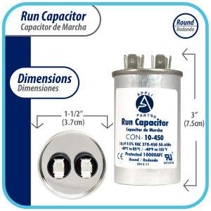 Appli Parts Condensador Capacitor de Marcha 10 Mfd uF (microfaradios) 370VAC o 450VAC CBB65 Universal Aire acondicionado y otras aplicaciones Redondo UL E476928 7.5cm Alto 3.7cm Ancho CON-10-450 Appli Parts Condensador Capacitor de Marcha 10 Mfd uF (microfaradios) 370VAC o 450VAC CBB65 Universal Aire acondicionado y otras aplicaciones Redondo UL E476928 7.5cm Alto 3.7cm Ancho CON-10-450