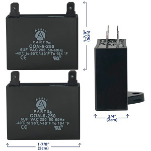 Appli Parts Condensador Capacitor de ventilador 6 mfd (microfaradios) uf 250VAC con conectores compatible con cualquier marca de igual capacitancia 4.7cm Ancho 1.8cm Profundidad 4.3cm Alto CAP-6-250 Appli Parts Condensador Capacitor de ventilador 6 mfd (microfaradios) uf 250VAC con conectores compatible con cualquier marca de igual capacitancia 4.7cm Ancho 1.8cm Profundidad 4.3cm Alto CAP-6-250