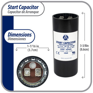 Appli Parts motor start capacitor 145-175 Mfd (microfarads) uF 330 VAC universal fit for electric motor applications 1-7/16 in Wide 3-3/8 in Height CON-145-330
 Appli Parts motor start capacitor 145-175 Mfd (microfarads) uF 330 VAC universal fit for electric motor applications 1-7/16 in Wide 3-3/8 in Height CON-145-330