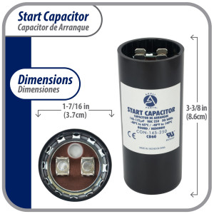 Appli Parts motor start capacitor 145-175 Mfd (microfarads) uF 250 VAC universal fit for electric motor applications 1-7/16 in Wide 3-3/8 in Height CON-145-250
 Appli Parts motor start capacitor 145-175 Mfd (microfarads) uF 250 VAC universal fit for electric motor applications 1-7/16 in Wide 3-3/8 in Height CON-145-250