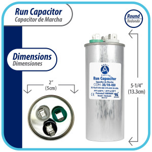 Appli Parts Condensador Capacitor de Marcha 35+10 Mfd uF (microfaradios) 370VAC o 450VAC CBB65 Universal Aire acondicionado y otras aplicaciones Redondo UL E476928 13.3cm Alto 5cm Ancho CON-35/10-450