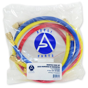 Appli Parts APMG-H36840 36 in Long 1/4 in SAE x 5/16 in SAE Red/Blue Hose, 1/4 in x 1/4 in SAE Yellow Refrigerant Hoses for use with HVAC Manifold gauges R410, rated 800-4000psi for Charging servicing AC systems Appli Parts APMG-H36840 36 in Long 1/4 in SAE x 5/16 in SAE Red/Blue Hose, 1/4 in x 1/4 in SAE Yellow Refrigerant Hoses for use with HVAC Manifold gauges R410, rated 800-4000psi for Charging servicing AC systems