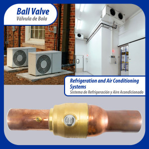 Appli Parts APBV-258 Valvula de Cierre 2-5/8 pulg tipo Bola de conexion soldable con puerto de servicio SAE de 1/4 de pulg presion maxima de trabajo 610 psi temperaturas de -30 C a 120 C longitud total 377 mm