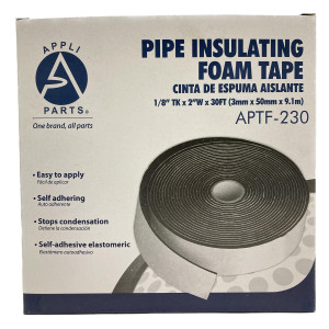 Appli Parts APTF-230 Tape Cinta Espuma Aislante de 1/8 pulg x 2 pulg x 30 ft (3mmx50mmx9m), temperatura de tolerancia 80 C, densidad 0.033 g/cm3