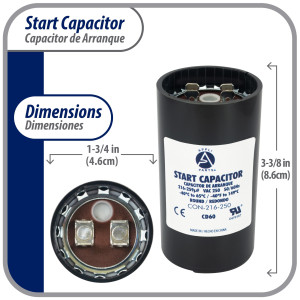 Appli Parts motor start capacitor 216-259 Mfd (microfarads) uF 250 VAC universal fit for electric motor applications 1-3/4 in Wide 3-3/8 in Height CON-216-250
 Appli Parts motor start capacitor 216-259 Mfd (microfarads) uF 250 VAC universal fit for electric motor applications 1-3/4 in Wide 3-3/8 in Height CON-216-250