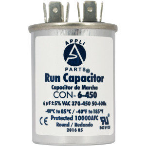 Appli Parts Condensador Capacitor de Marcha 6 Mfd uF (microfaradios) 370VAC o 450VAC CBB65 Universal Aire acondicionado y otras aplicaciones Redondo UL E476928 6.4cm Alto 3.7cm Ancho CON-6-450