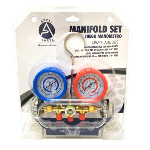 Appli Parts APMG-A4B36S R600 Manifold Gauge Set, Brass Body with Sight-glass, Includes 36 in Hose Set 1/4in SAE, Dual Pressure psi/Bar, Dual Temperature Fahrenheit/Celsius Scales  Appli Parts APMG-A4B36S R600 Manifold Gauge Set, Brass Body with Sight-glass, Includes 36 in Hose Set 1/4in SAE, Dual Pressure psi/Bar, Dual Temperature Fahrenheit/Celsius Scales