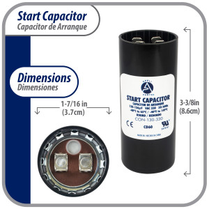 Appli Parts motor start capacitor 130-156 Mfd (microfarads) uF 330 VAC universal fit for electric motor applications 1-7/16 in Wide 3-3/8 in Height CON-130-330
 Appli Parts motor start capacitor 130-156 Mfd (microfarads) uF 330 VAC universal fit for electric motor applications 1-7/16 in Wide 3-3/8 in Height CON-130-330