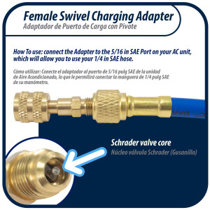 Appli Parts APCA-51614S  Adaptador de Carga 5/16 pulg Hembra x 1/4 pulg Macho, SAE, R410 Mini Split con Pivote, valvula Gusanillo y depresor Appli Parts APCA-51614S  Adaptador de Carga 5/16 pulg Hembra x 1/4 pulg Macho, SAE, R410 Mini Split con Pivote, valvula Gusanillo y depresor