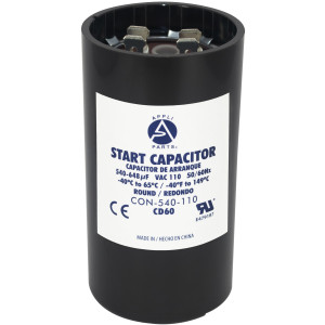 Appli Parts motor start capacitor 540-648 Mfd (microfarads) uF 110-125 VAC universal fit for electric motor applications 1-3/4 in Wide 3-3/8 in Height CON-540-110
 Appli Parts motor start capacitor 540-648 Mfd (microfarads) uF 110-125 VAC universal fit for electric motor applications 1-3/4 in Wide 3-3/8 in Height CON-540-110