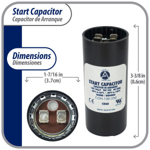 Appli Parts motor start capacitor 130-156 Mfd (microfarads) uF 250 VAC universal fit for electric motor applications 1-7/16 in Wide 3-3/8 in Height CON-130-250
 Appli Parts motor start capacitor 130-156 Mfd (microfarads) uF 250 VAC universal fit for electric motor applications 1-7/16 in Wide 3-3/8 in Height CON-130-250