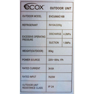 Unidad Cond. Descarga Vertical 60.000btu R410 230v/60hz/1ph Ecox Evcu060c10b Unidad Cond. Descarga Vertical 60.000btu R410 230v/60hz/1ph Ecox Evcu060c10b