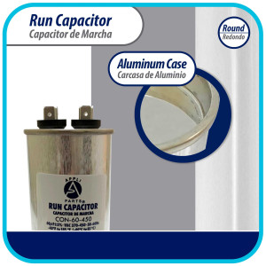 Appli Parts Condensador Capacitor de Marcha 60 Mfd uF (microfaradios) 370VAC o 450VAC CBB65 Universal Aire acondicionado y otras aplicaciones Redondo UL E476928 13.8cm Alto 5.1cm Ancho CON-60-450 Appli Parts Condensador Capacitor de Marcha 60 Mfd uF (microfaradios) 370VAC o 450VAC CBB65 Universal Aire acondicionado y otras aplicaciones Redondo UL E476928 13.8cm Alto 5.1cm Ancho CON-60-450