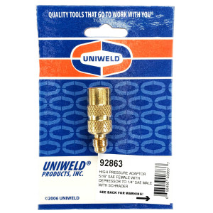 Uniweld R410 Mini-Split High Pressure Adaptor 5/16 in Female with depressor to 1/4 in SAE Male with Schrader 92863  Uniweld R410 Mini-Split High Pressure Adaptor 5/16 in Female with depressor to 1/4 in SAE Male with Schrader 92863