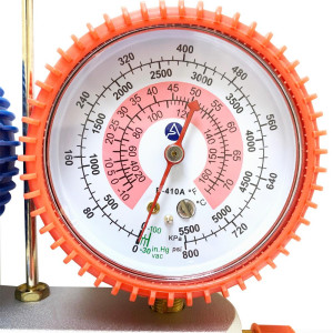 Appli Parts APMG-A1A36S R410A Manifold Gauge Set Dual Scale kPa/psi and Temperature Fahrenheit and Celsius, Aluminum Body with Sight Glass, Includes 90 cm Hoses 5/16 SAE Red Blue and 1/4 SAE Yellow