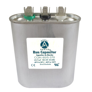 Appli Parts Dual Run Capacitor for ac 60+5 Mfd uF (microfarads) 370VAC CBB65 Oval Universal fit for hvac and other applications 3-1/2in Wide 1-3/4in Depth 4-1/2in High CON-60/5-370 Appli Parts Dual Run Capacitor for ac 60+5 Mfd uF (microfarads) 370VAC CBB65 Oval Universal fit for hvac and other applications 3-1/2in Wide 1-3/4in Depth 4-1/2in High CON-60/5-370
