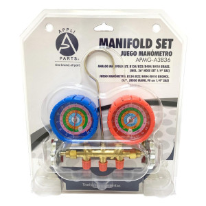 Appli Parts APMG-A3B36 R134,R22,R404,R410a Manifold Gauge Set, Brass Body, Includes 36 in long 1/4in SAE Hose Set and 5/16 in to 1/4 in SAE Adapter, Pressure psi, Temperature Fahrenheit Scales Appli Parts APMG-A3B36 R134,R22,R404,R410a Manifold Gauge Set, Brass Body, Includes 36 in long 1/4in SAE Hose Set and 5/16 in to 1/4 in SAE Adapter, Pressure psi, Temperature Fahrenheit Scales