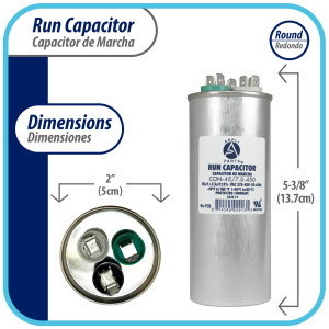 Appli Parts Condensador Capacitor de Marcha 45+7.5 Mfd uF (microfaradios) 370VAC o 450VAC CBB65 Universal Aire acondicionado y otras aplicaciones Redondo UL E476928 13.7cm Alto 5cm Ancho CON-20/5-450
