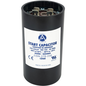 Appli Parts motor start capacitor 270-324 Mfd (microfarads) uF 250 VAC universal fit for electric motor applications 1-3/4 in Diameter 3-3/8 in Height CON-270-250 
 Appli Parts motor start capacitor 270-324 Mfd (microfarads) uF 250 VAC universal fit for electric motor applications 1-3/4 in Diameter 3-3/8 in Height CON-270-250