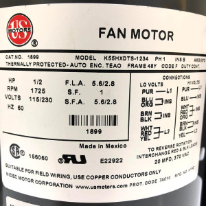 US Motors 1/2 hp 1725 rpm, 4 poles, 1 shaft, TEAO Enclosure, 1 speed, 5.6 diameter, 48 Frame CCW Lead End Reversible 115-230V/60Hz/1Ph 20mfd/370Vac Run Capacitor 1899 K055DTS1234012B, K55HXDTS-1234