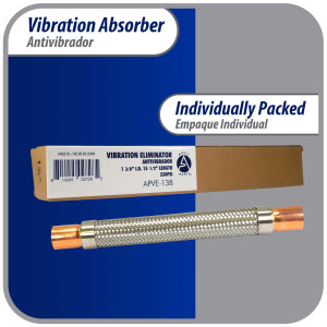 Appli Parts APVE-138 1-3/8 in Vibration Absorber Eliminator Sweat Connections 14-3/4 in Long 500 psi Max working and 3,265 psi Burst pressure Appli Parts APVE-138 1-3/8 in Vibration Absorber Eliminator Sweat Connections 14-3/4 in Long 500 psi Max working and 3,265 psi Burst pressure
