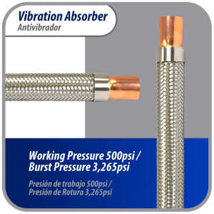Appli Parts APVE-138 1-3/8 in Vibration Absorber Eliminator Sweat Connections 14-3/4 in Long 500 psi Max working and 3,265 psi Burst pressure Appli Parts APVE-138 1-3/8 in Vibration Absorber Eliminator Sweat Connections 14-3/4 in Long 500 psi Max working and 3,265 psi Burst pressure