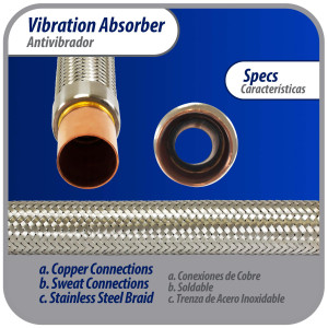 Appli Parts APVE-138 1-3/8 in Vibration Absorber Eliminator Sweat Connections 14-3/4 in Long 500 psi Max working and 3,265 psi Burst pressure Appli Parts APVE-138 1-3/8 in Vibration Absorber Eliminator Sweat Connections 14-3/4 in Long 500 psi Max working and 3,265 psi Burst pressure