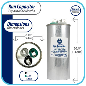 Appli Parts Condensador Capacitor de Marcha 50+7.5 Mfd uF (microfaradios) 370VAC o 450VAC CBB65 Universal Aire acondicionado y otras aplicaciones Redondo UL E476928 13.7cm Alto 5.4cm Ancho CON-50/7.5-450

