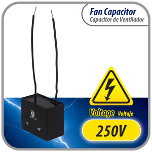 Appli Parts Condensador Capacitor de ventilador 9 mfd (microfaradios) uf 250VAC con 2 cables compatible con cualquier marca de igual capacitancia 4.7cm ancho x 2.6cm prof x 3.7cm alto CAP-9-250-2C