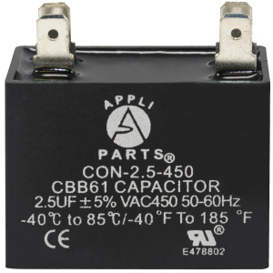 Appli Parts Condensador Capacitor de ventilador 2.5 mfd (microfaradios) uf 450VAC con conectores compatible con cualquier marca de igual capacitancia 3.7cm Ancho 1.8cm Prof 3.7cm Alto CAP-2.5-450 Appli Parts Condensador Capacitor de ventilador 2.5 mfd (microfaradios) uf 450VAC con conectores compatible con cualquier marca de igual capacitancia 3.7cm Ancho 1.8cm Prof 3.7cm Alto CAP-2.5-450