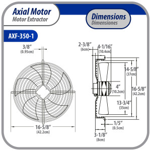 Appli Parts AXF-350-1 Extractor Axial 350 mm (13-3/4 pulg) 110V, 1 ph, 60 Hz, 180 W, 1550 rpm, Rango Temperatura -30 C a 60 C, incluye aspa y base tipo jaula