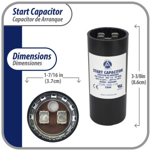 Appli Parts motor start capacitor 200-240 Mfd (microfarads) uF 110-125 VAC universal fit for electric motor applications 1-7/16 in Diameter 3-3/8 in Height CON-200-110
 Appli Parts motor start capacitor 200-240 Mfd (microfarads) uF 110-125 VAC universal fit for electric motor applications 1-7/16 in Diameter 3-3/8 in Height CON-200-110