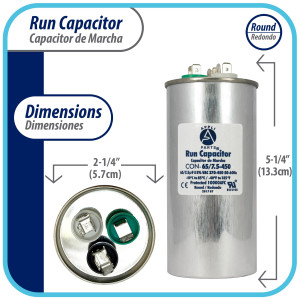 Appli Parts Condensador Capacitor de Marcha 65+7.5 Mfd uF (microfaradios) 370VAC o 450VAC CBB65 Universal Aire acondicionado y aplicaciones Redondo UL E476928 13.3cm Alto 5.7cm Ancho CON-65/7.5-450