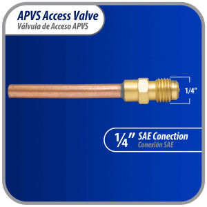 Appli Parts Valvula de acceso de 1/4 SAE x 1/4 pulg OD x con vastago de cobre de 10cm de largo con nucleo y tapa de laton con removedor de nucleo y empacadura APVS-14144