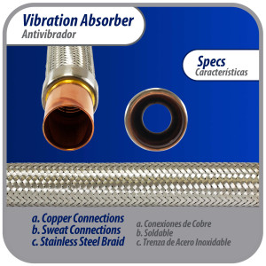 Appli Parts APVE-158 1-5/8 in Vibration Absorber Eliminator Sweat Connections 17 in Long 400 psi Max working and 3,265 psi Burst pressure Appli Parts APVE-158 1-5/8 in Vibration Absorber Eliminator Sweat Connections 17 in Long 400 psi Max working and 3,265 psi Burst pressure